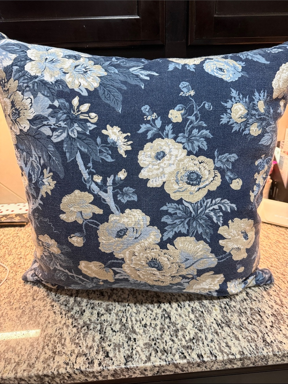Pottery Barn Blue Floral Jacquard Accent Pillow with Cream Blooms